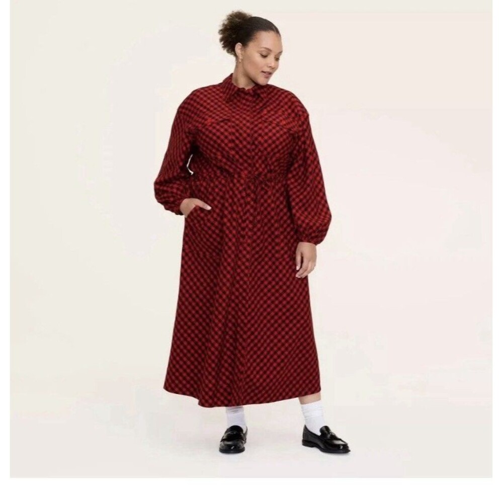 Buffalo Check Long Sleeve Utility Midi Shirt Dress - Woolrich Red/Black , 1X